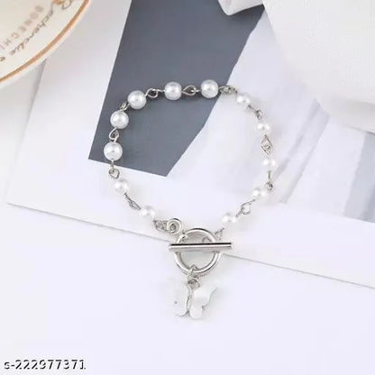 Minimal Pearl With Butterfly Charm Silver Coated Bracelet - Set Of 1 Destiny Jewels