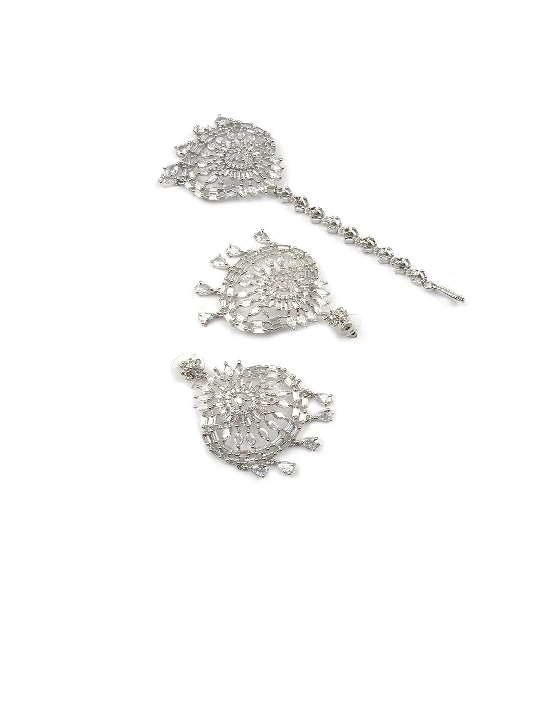 CZ Studded Silver Drop Style Earrings and Maangtika Set | Shop Now