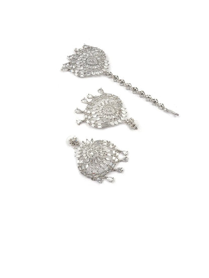 CZ Studded Silver Drop Style Earrings and Maangtika Set | Shop Now