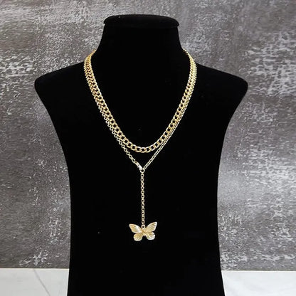 Multi-strand Golden Small &amp; Long Double Chain Necklace with Butterfly Pendant Destiny Jewels