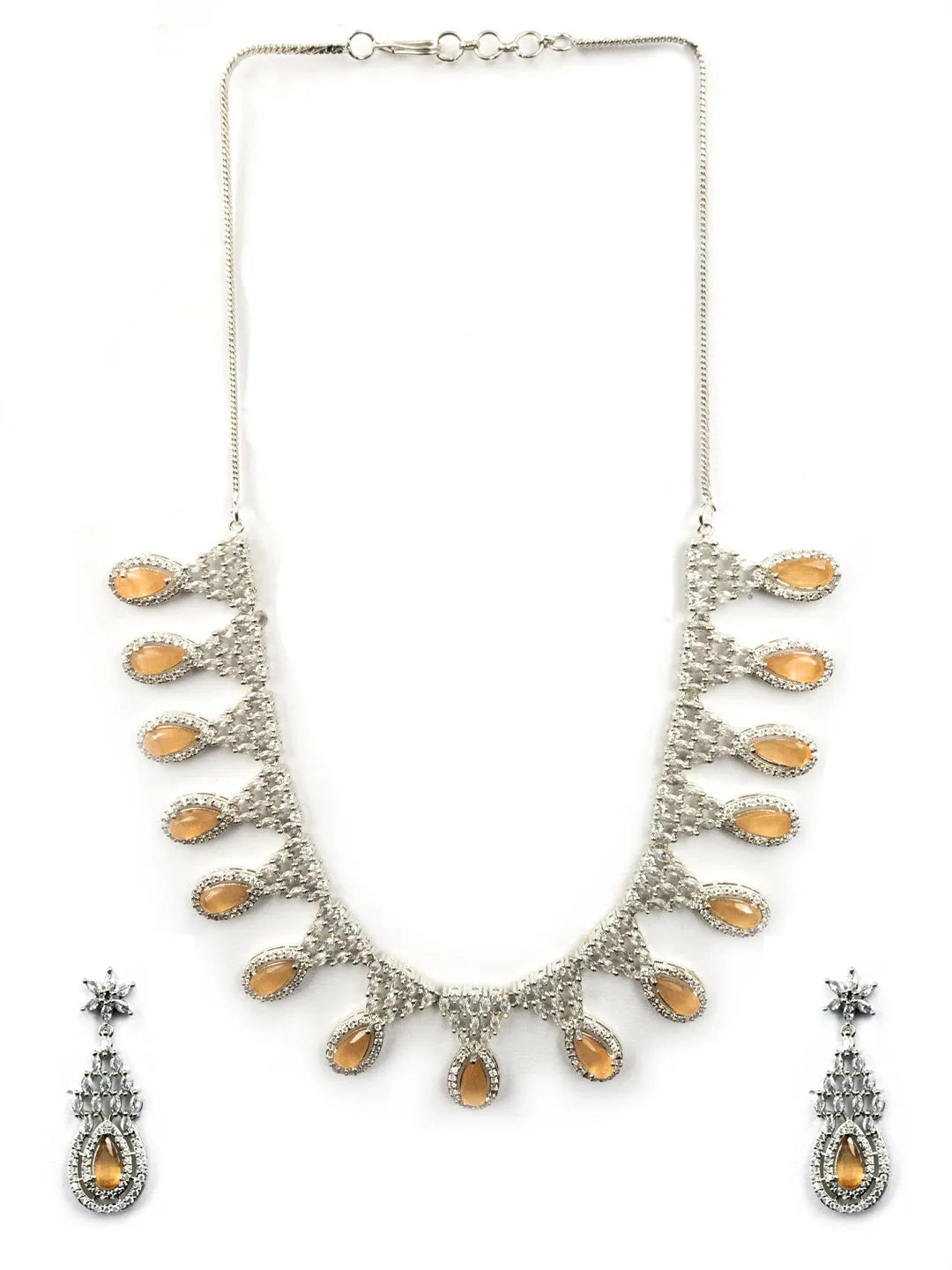 Peach AD-CZ Tear Drop Statement Necklace Set