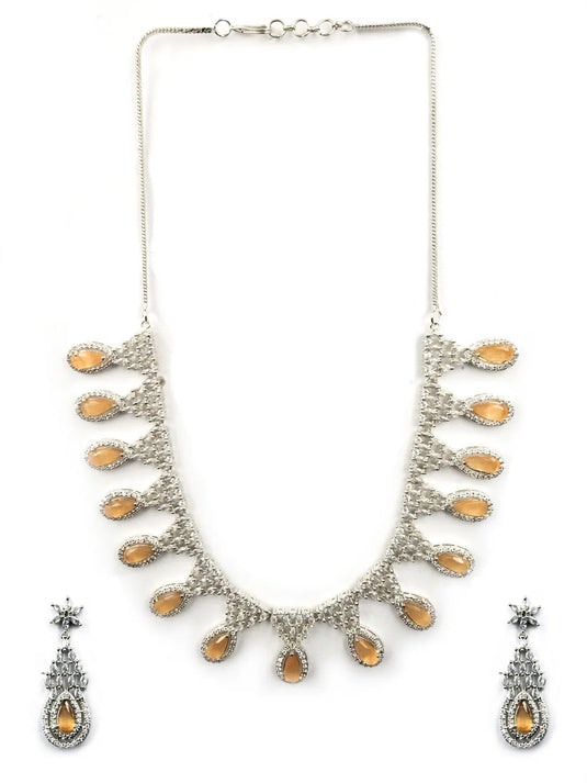 Peach AD-CZ Tear Drop Statement Necklace Set