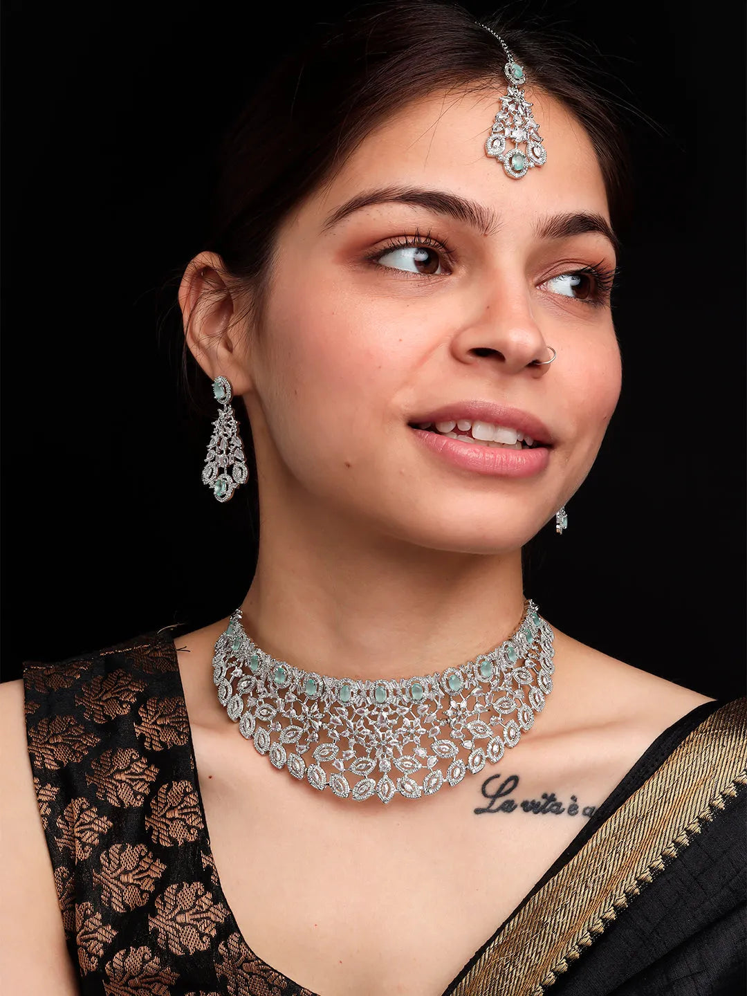 Silver Plated Turquoise Cubic Zirconia Bridal Necklace Set | Exquisite Wedding Jewellery Set