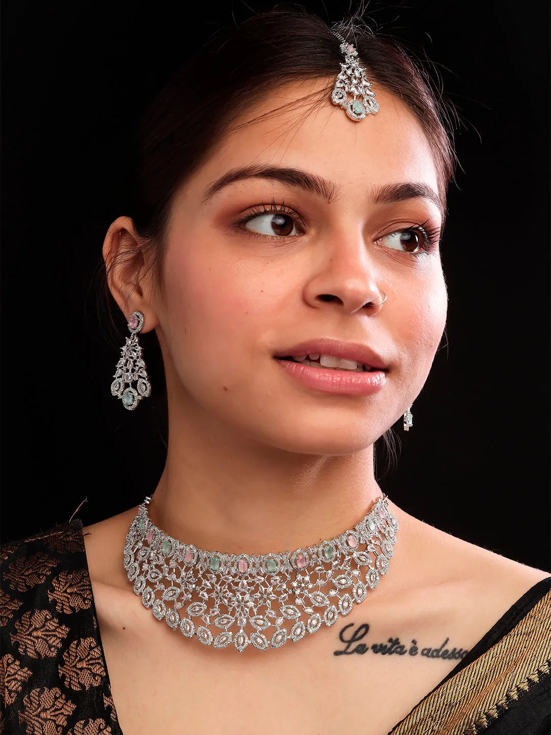 Silver Plated Multicolor Cubic Zirconia Bridal Necklace Set | Exquisite Wedding Jewellery Set