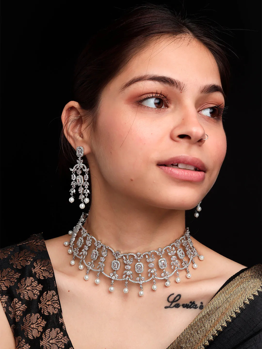 Silver Plated CZ AD Studded Flower Designer Choker Set | Elegant Jewelry