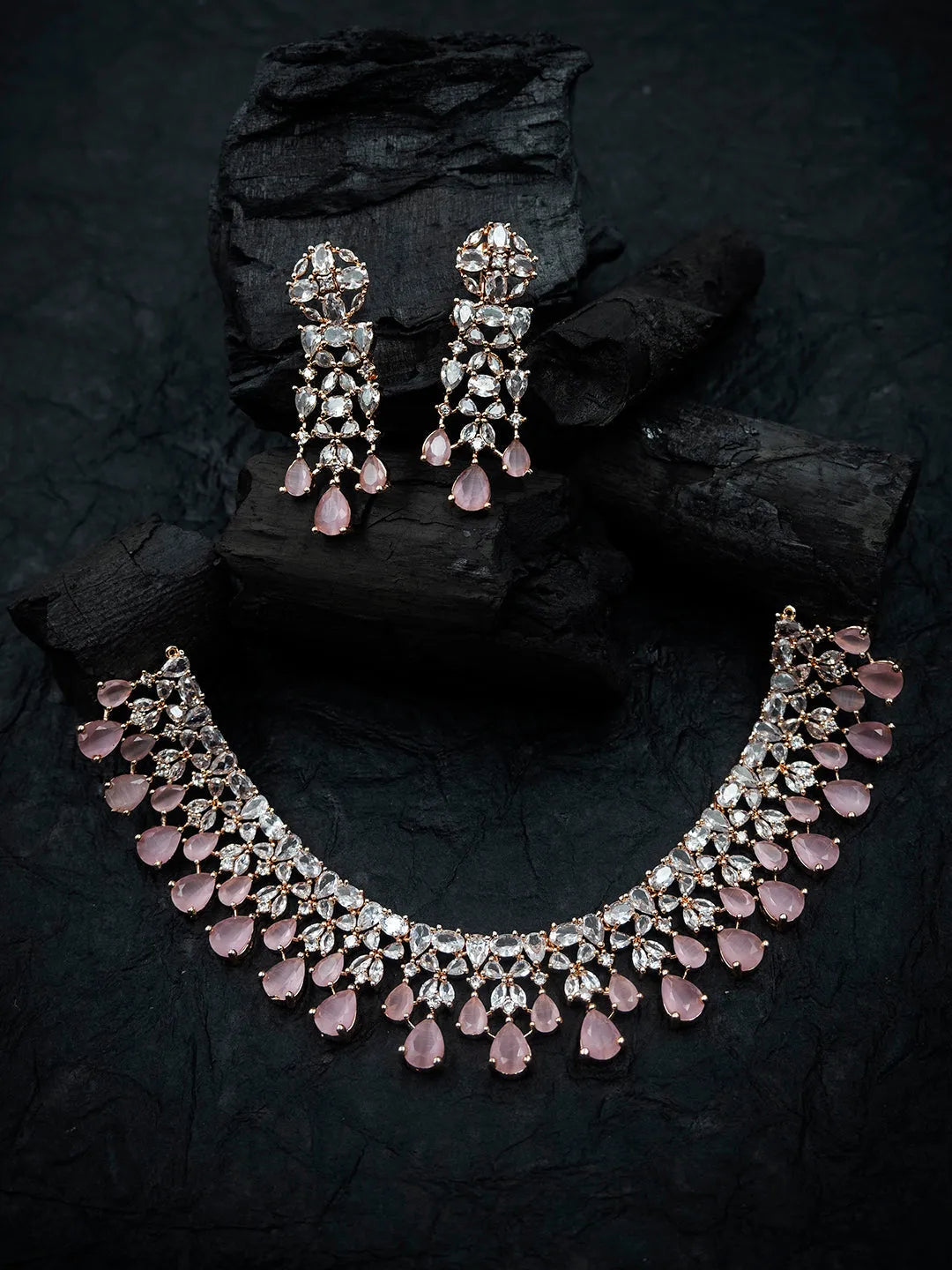 Rose Gold Plated AD and CZ Studded Flower Motif Bridal Necklace Set