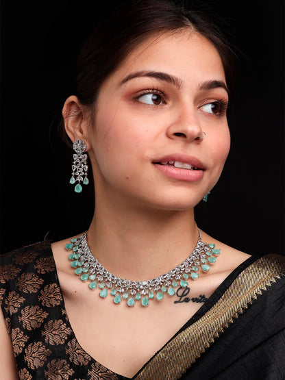 Elegant Silver Plated Turquoise Cubic Zirconia Party Wear Handcrafted Necklace Set