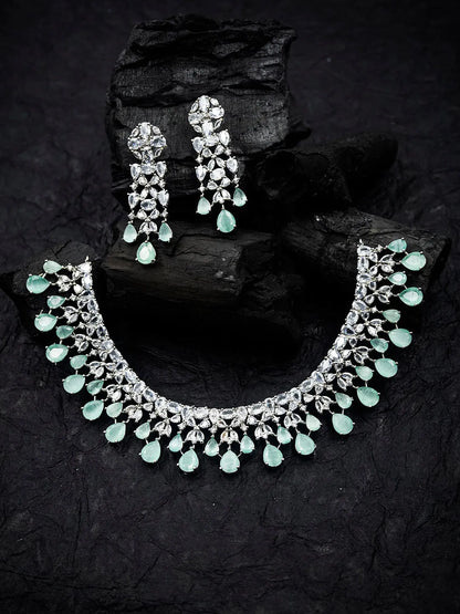 Elegant Silver Plated Turquoise Cubic Zirconia Party Wear Handcrafted Necklace Set