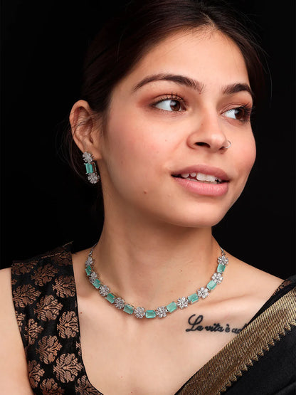 Exquisite Turquoise Flower Motif CZ Sleek Necklace Set