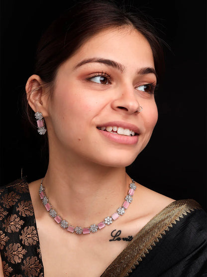 Exquisite Pink Flower Motif CZ Sleek Necklace Set