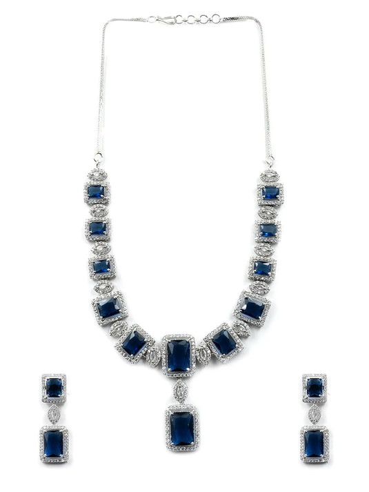 Stunning Blue Big Square Cubic Zirconia Necklace Set | Glamorous Jewelry