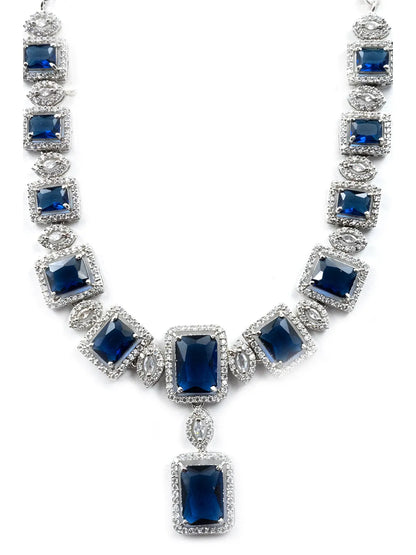 Stunning Blue Big Square Cubic Zirconia Necklace Set | Glamorous Jewelry