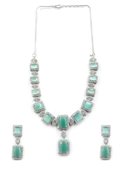 Stunning Turquoise Big Square Cubic Zirconia Necklace Set | Glamorous Jewelry