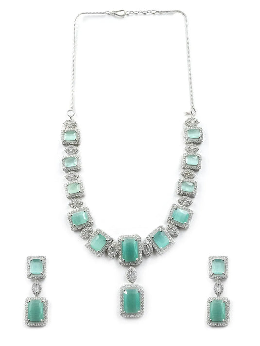 Stunning Turquoise Big Square Cubic Zirconia Necklace Set | Glamorous Jewelry