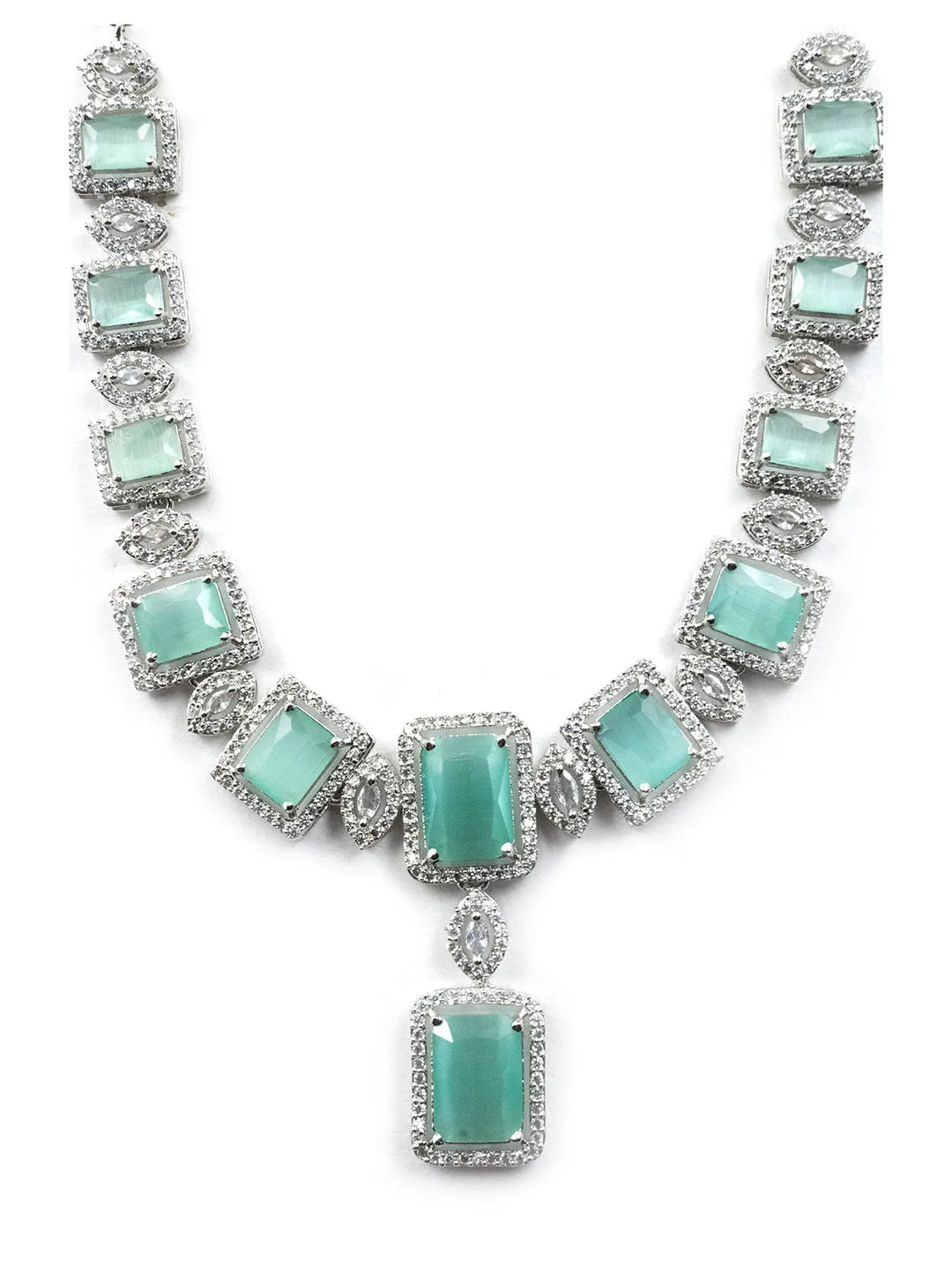 Stunning Turquoise Big Square Cubic Zirconia Necklace Set | Glamorous Jewelry