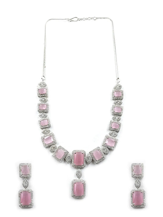 Stunning Pink Big Square Cubic Zirconia Necklace Set | Glamorous Jewelry