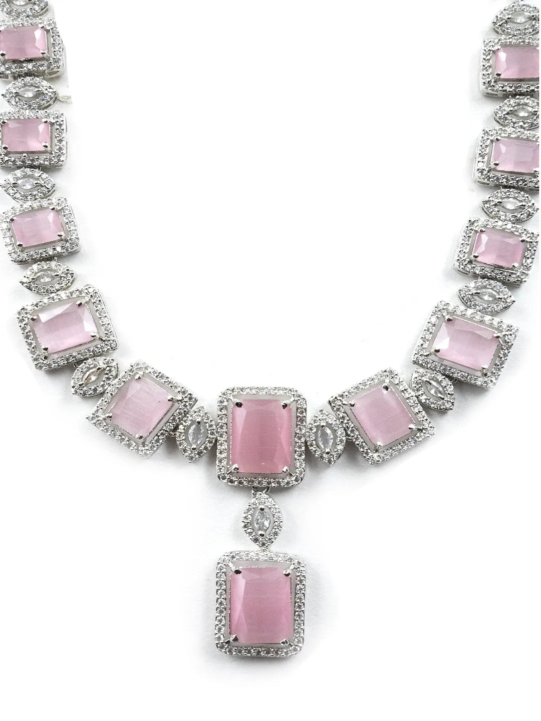 Stunning Pink Big Square Cubic Zirconia Necklace Set | Glamorous Jewelry