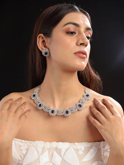 Intricate Cut Work Blue CZ Necklace Set