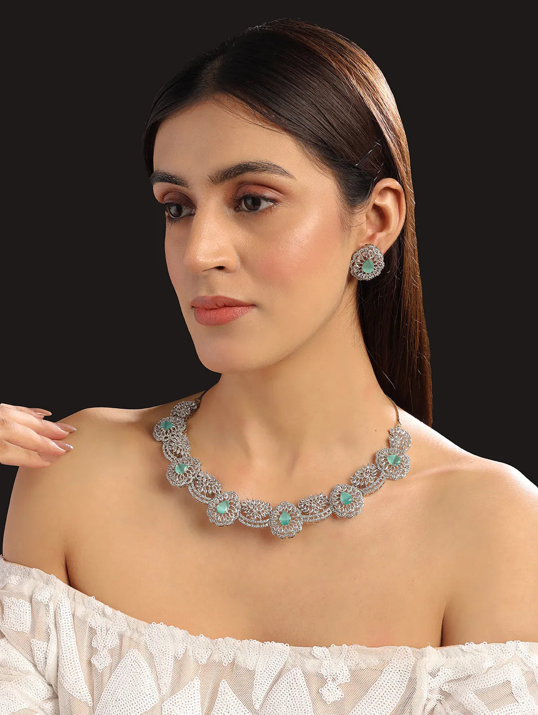 Intricate Cut Work Turquoise CZ Necklace Set