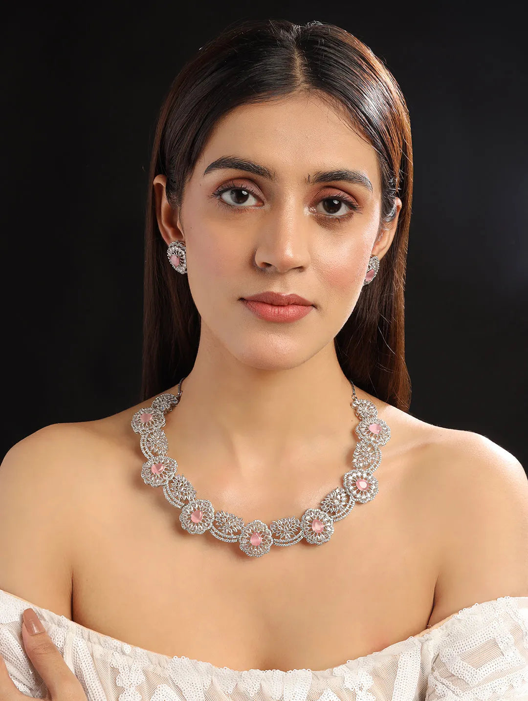 Intricate Cut Work Pink CZ Necklace Set