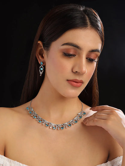 Sleek Cut Work Crystal Blue CZ AD Necklace