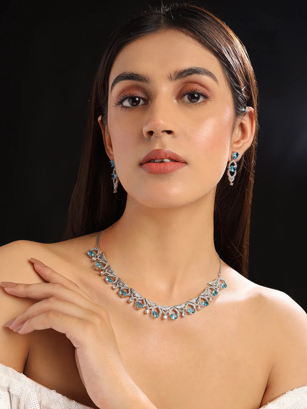 Sleek Cut Work Crystal Blue CZ AD Necklace