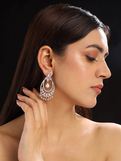 Unique Silver Pink Studded American Diamond Drop Earrings - Shop Now!