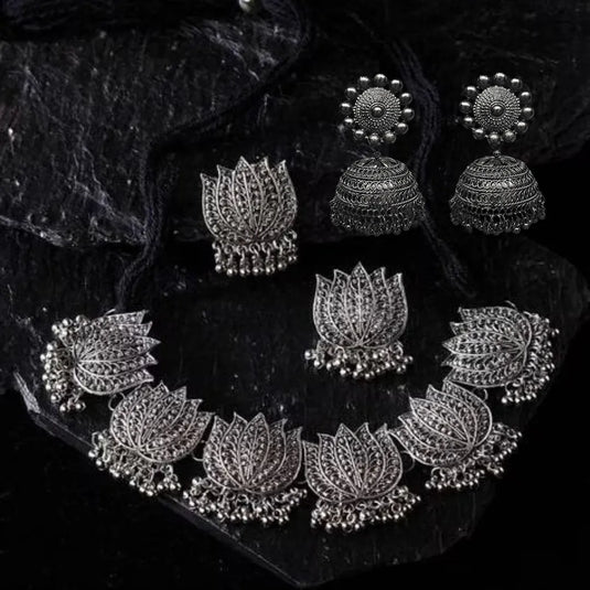 Oxidised Silver Plated Jewellery Set With Jhumkas - Firstglam