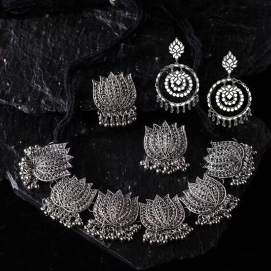 Combo Of 2 Oxidised Lotus Necklace &amp; Earrings Set