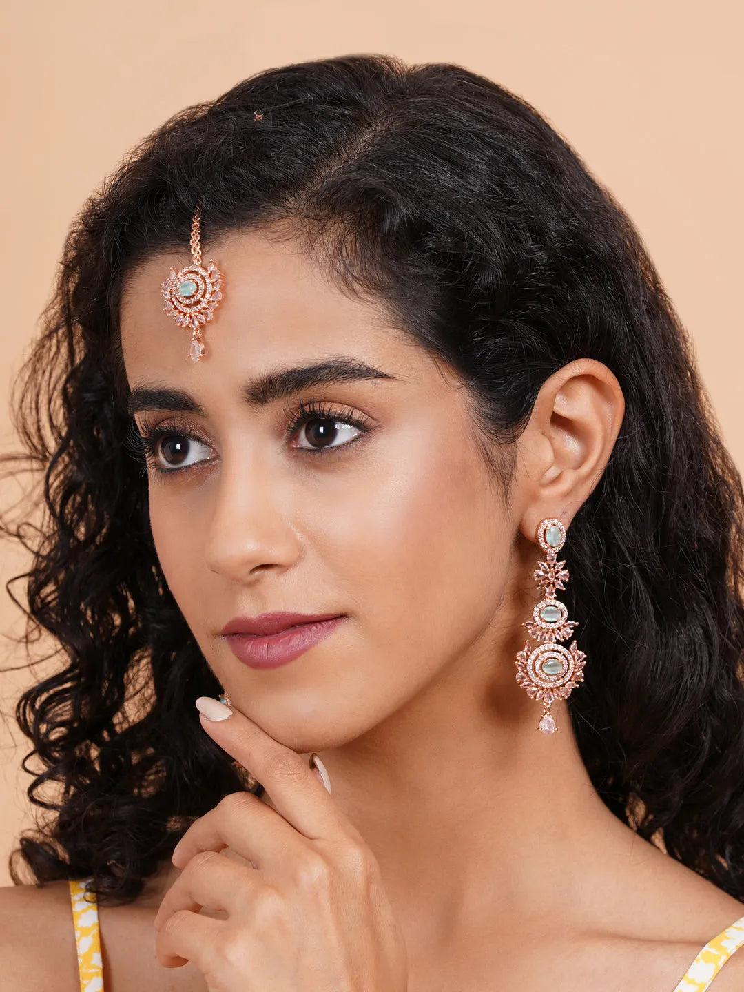 Ravishing Rose Gold Plated CZ Studded Long Drop Earrings-Mangtika Set | Shop Now