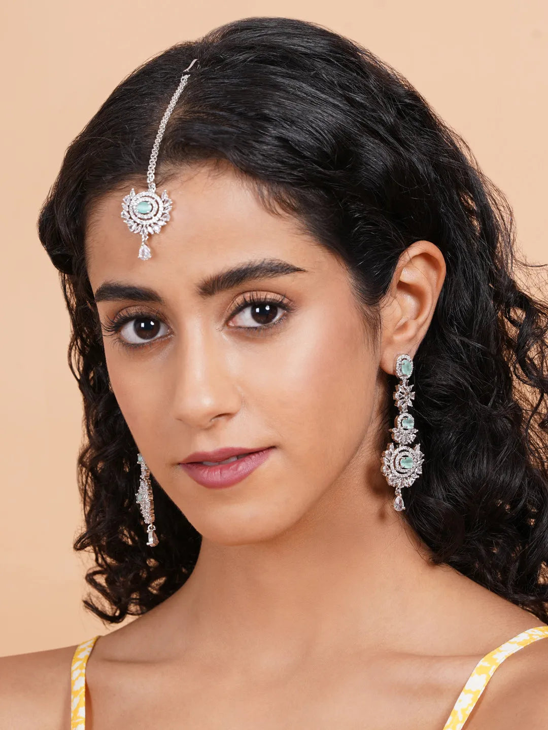 Stunning Silver Plated CZ Studded Long Drop Earrings-Maangtika Set | Shop Now