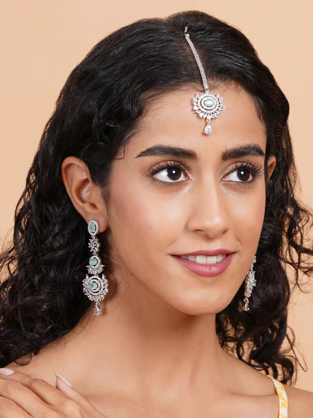 Stunning Silver Plated CZ Studded Long Drop Earrings-Maangtika Set | Shop Now