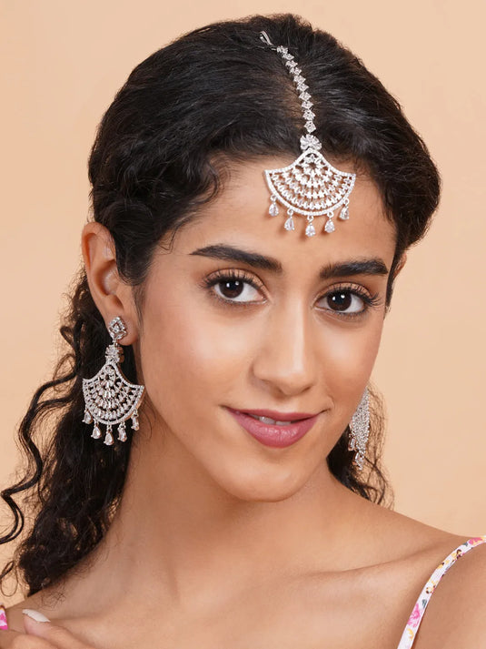 CZ AD Silver Symmetrical Earring-Maangtika Set | Hypoallergenic Jewelry