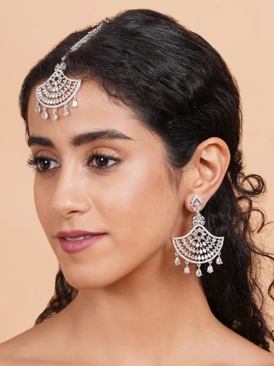 CZ AD Silver Symmetrical Earring-Maangtika Set | Hypoallergenic Jewelry