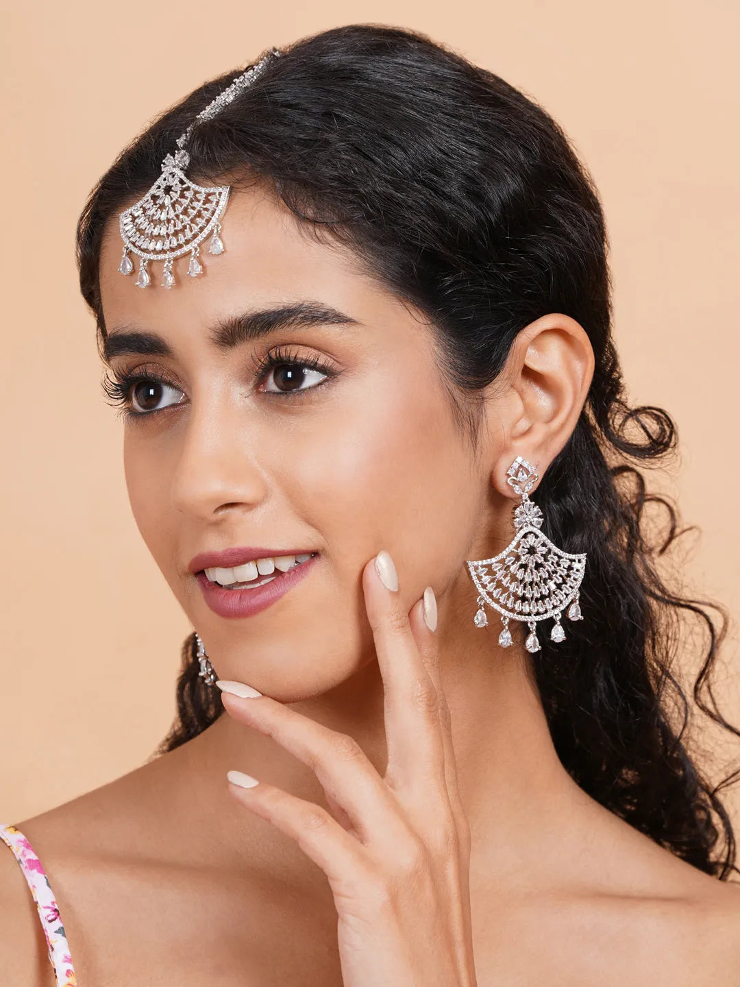 CZ AD Silver Symmetrical Earring-Maangtika Set | Hypoallergenic Jewelry