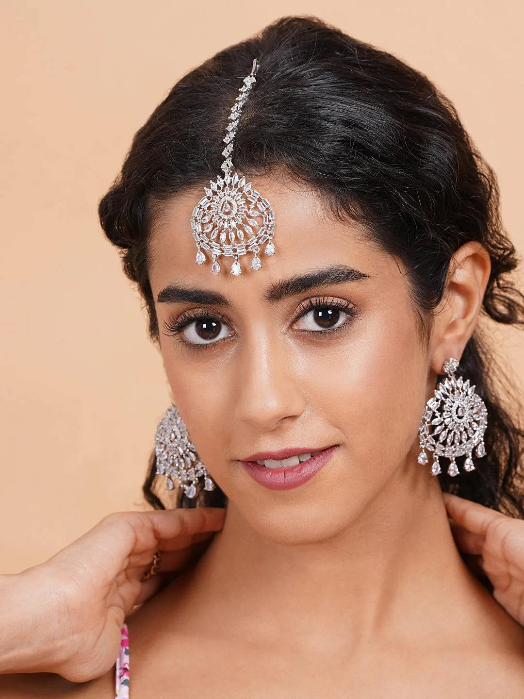 CZ Studded Silver Drop Style Earrings and Maangtika Set | Shop Now