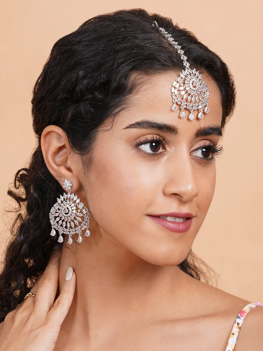 CZ Studded Silver Drop Style Earrings and Maangtika Set | Shop Now