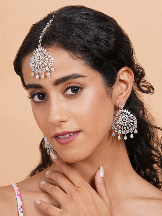 CZ Studded Silver Drop Style Earrings and Maangtika Set | Shop Now