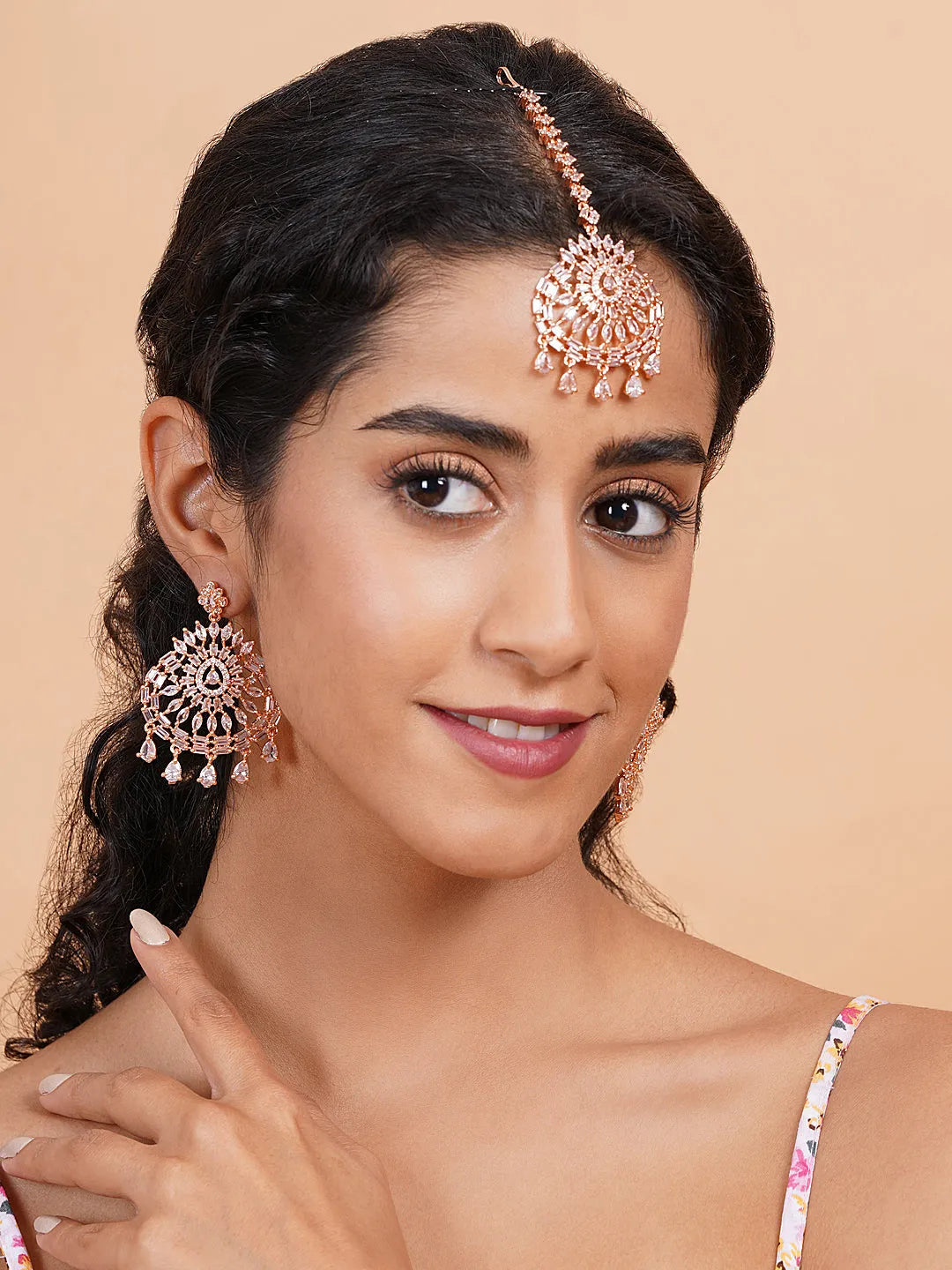 CZ Studded Rose Gold Drop Style Earrings and Maangtika Set | Shop Now