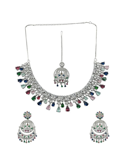 Handcrafted Silver Plated Multicolor CZ AD Studded Bridal Necklace Set With Danglers and Maangtika