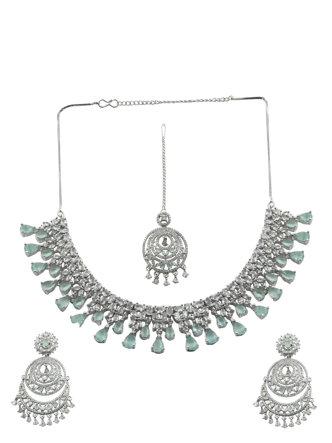 Handcrafted Silver Plated Turquoise CZ AD Studded Bridal Necklace Set With Danglers and Maangtika