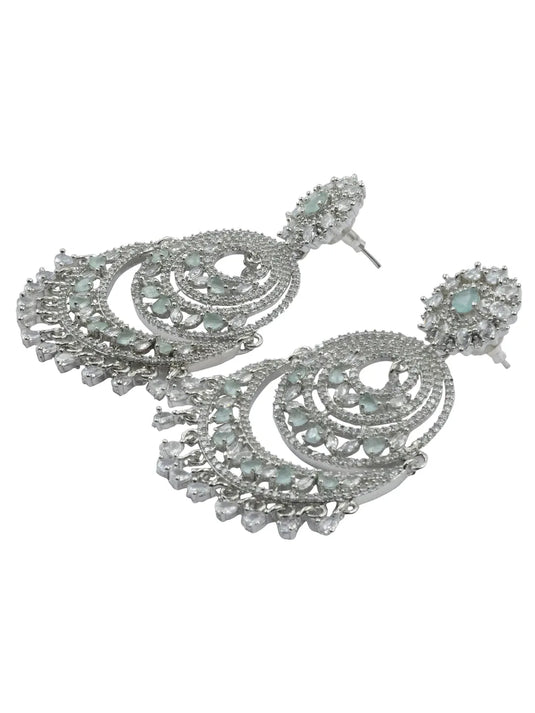 Handcrafted Silver Plated Turquoise CZ AD Studded Bridal Necklace Set With Danglers and Maangtika