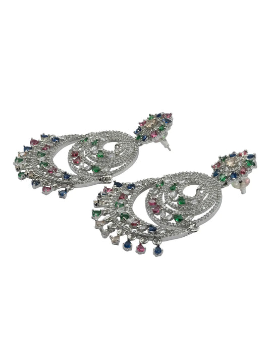 Handcrafted Silver Plated Multicolor CZ AD Studded Bridal Necklace Set With Danglers and Maangtika