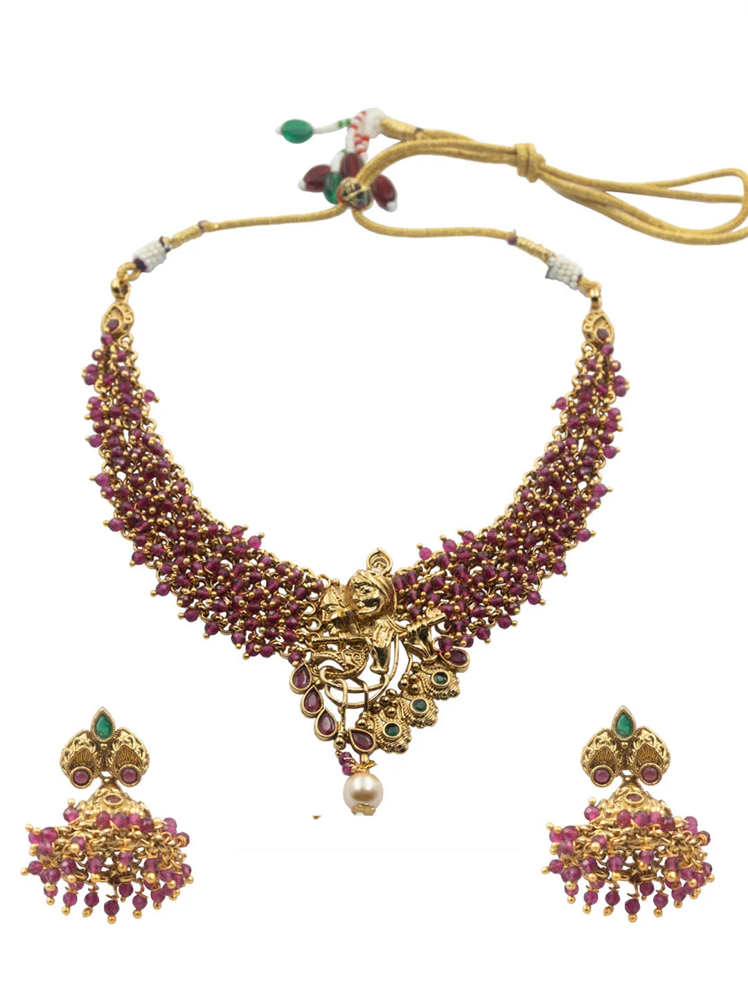 Divine Gold Plated Radha-Krishna Red Hydra Beads Necklace Set