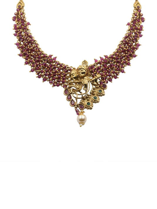 Divine Gold Plated Radha-Krishna Red Hydra Beads Necklace Set