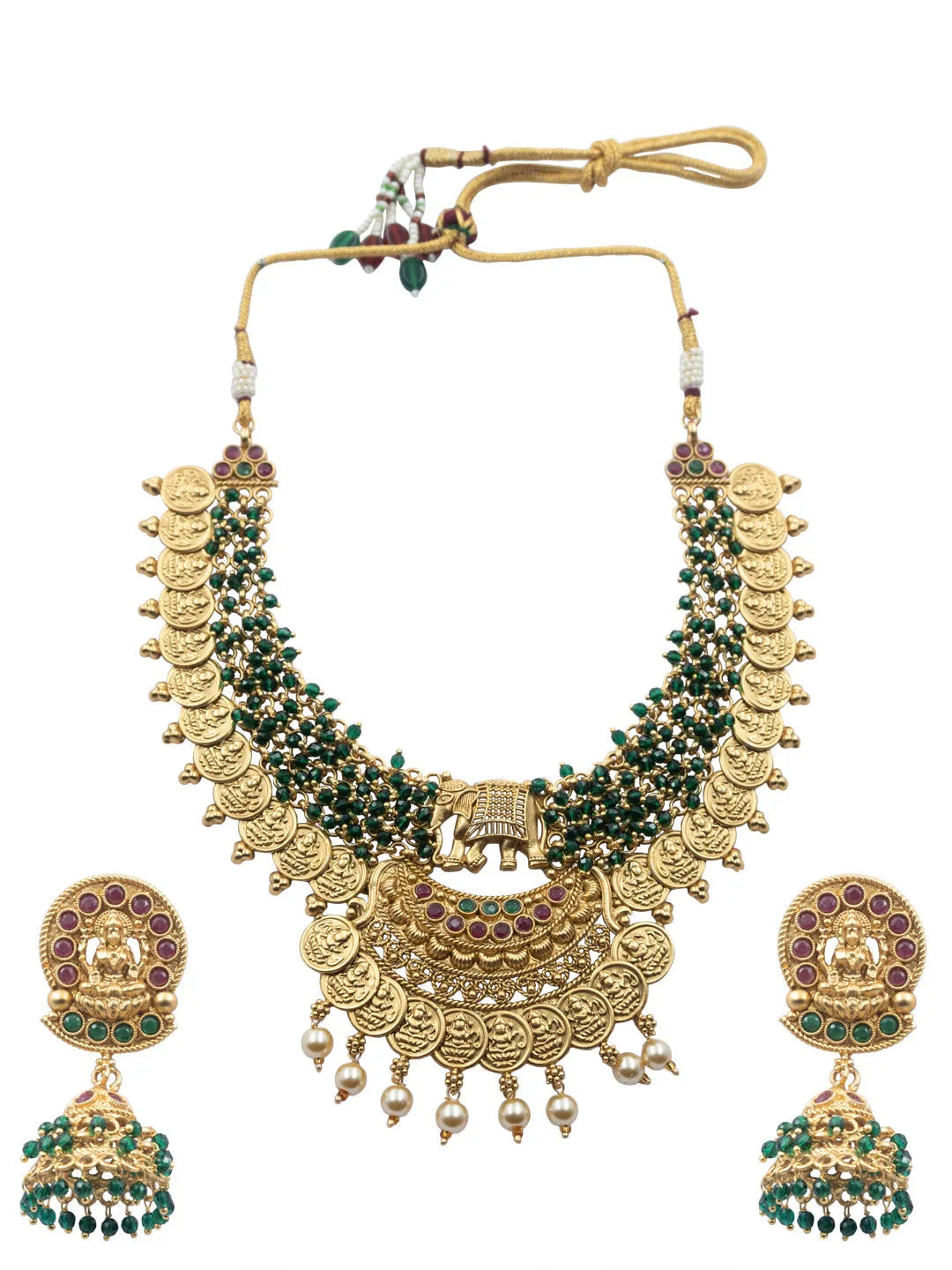 Unique Gold Plated Gajanan Green Hydra Beads Necklace Set