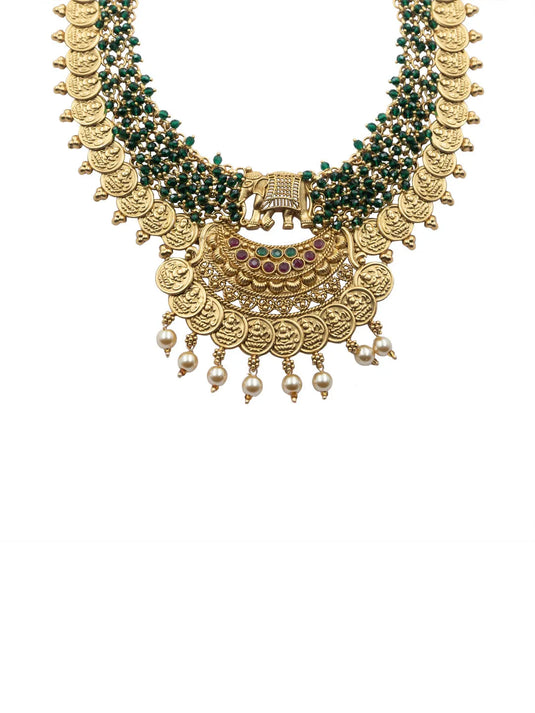 Unique Gold Plated Gajanan Green Hydra Beads Necklace Set