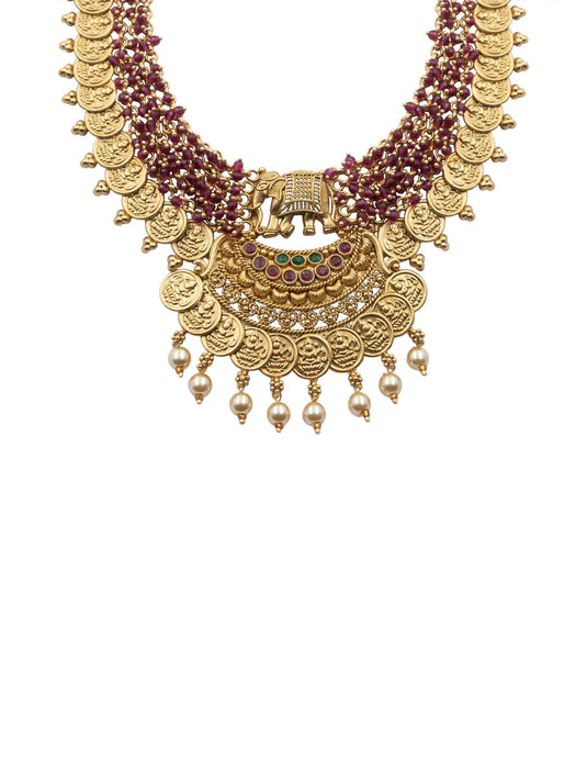 Unique Gold Plated Gajanan Red Hydra Beads Necklace Set