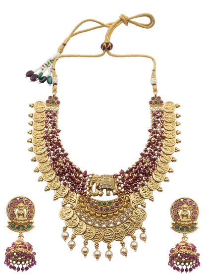 Unique Gold Plated Gajanan Red Hydra Beads Necklace Set