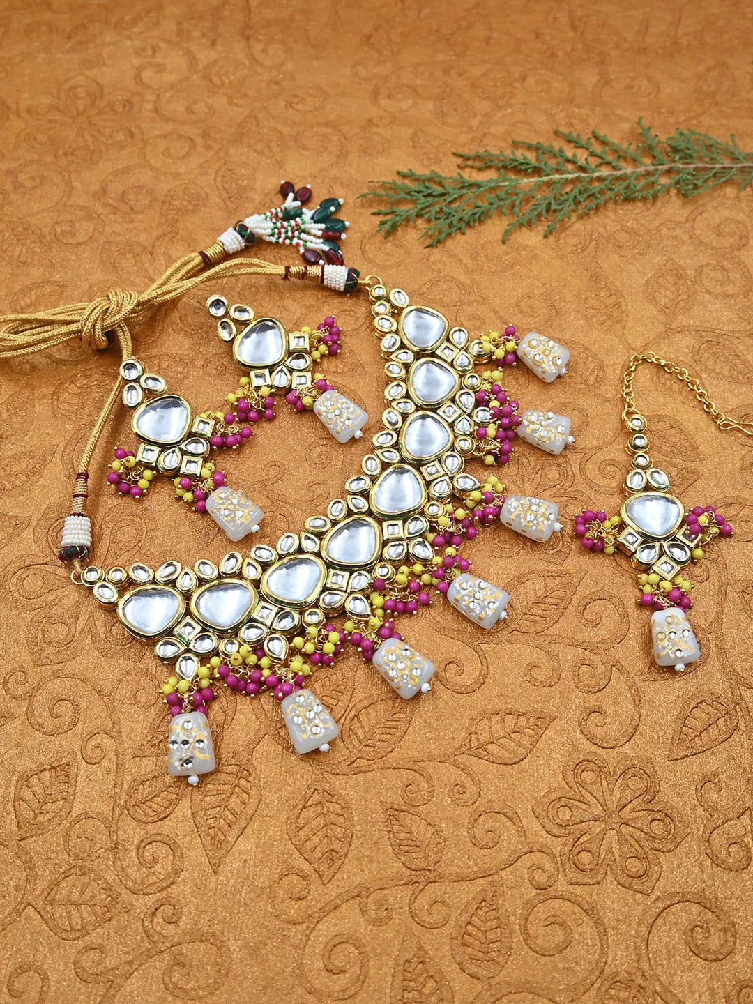 Handcrafted Kundan Grey Droplet Beads Necklace Set